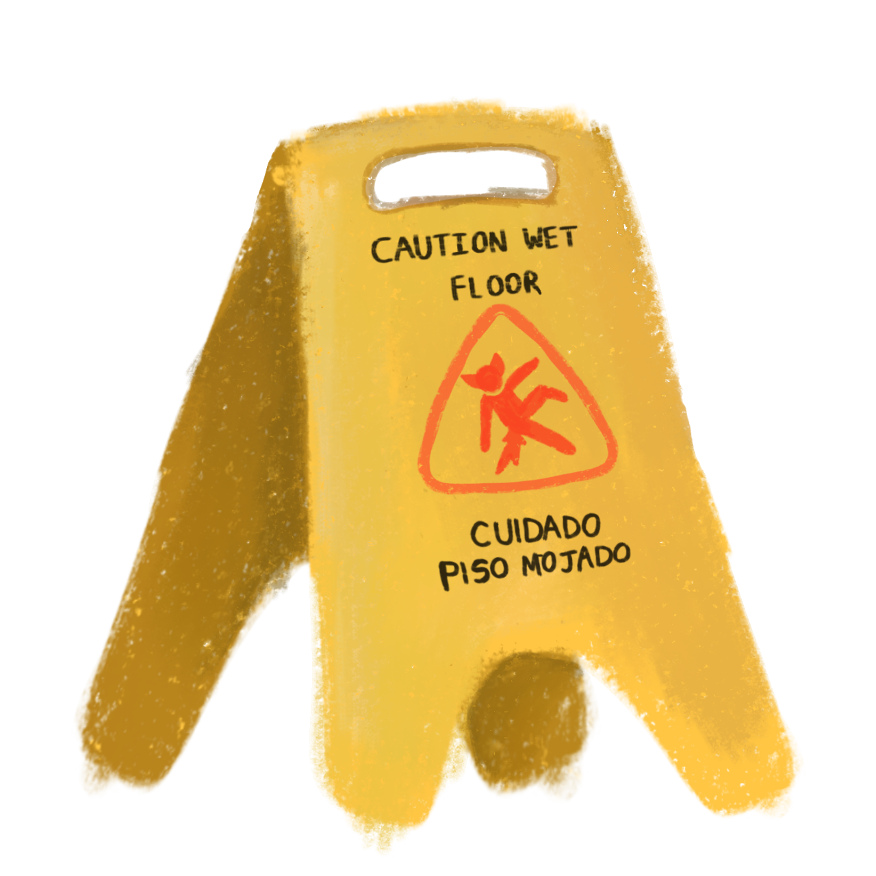 a yellow caution sign. The sign features a triangular warning symbol with an illustration of an anthro animal ears and a tail, slipping, marked in red. by the red symbol, text reads above 'CAUTION WET FLOOR' in English and 'CUIDADO PISO MOJADO' in Spanish below. The sign has a handle at the top for easy portability.